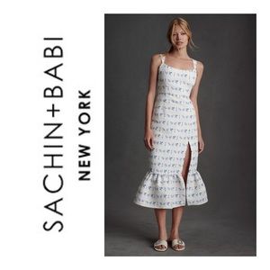 NWOT SACHIN & BABI Eliza Chinoiserie Midi Dress Blue And White Size 8